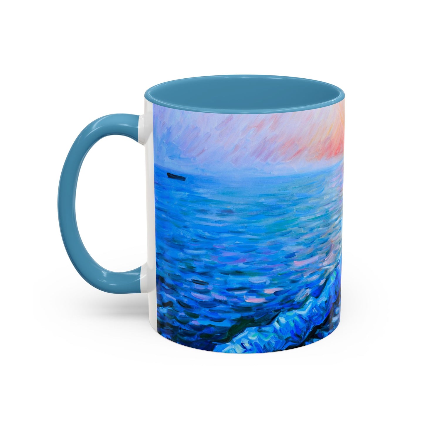 Kaffeetasse „Küsten-Sonnenuntergang“ – Keramiktasse mit Akzent „Seepier“ (325/444 ml)