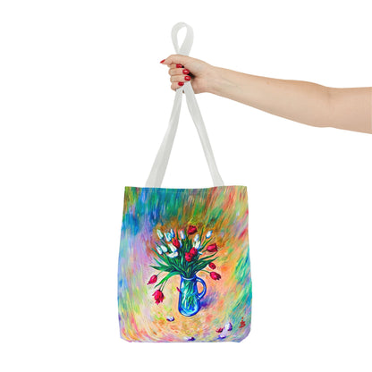 Tragetasche mit Blumenvase – Buntes, impressionistisches Tulpen-Allover-Muster