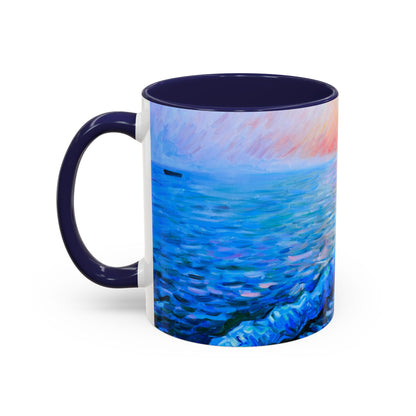 Kaffeetasse „Küsten-Sonnenuntergang“ – Keramiktasse mit Akzent „Seepier“ (325/444 ml)
