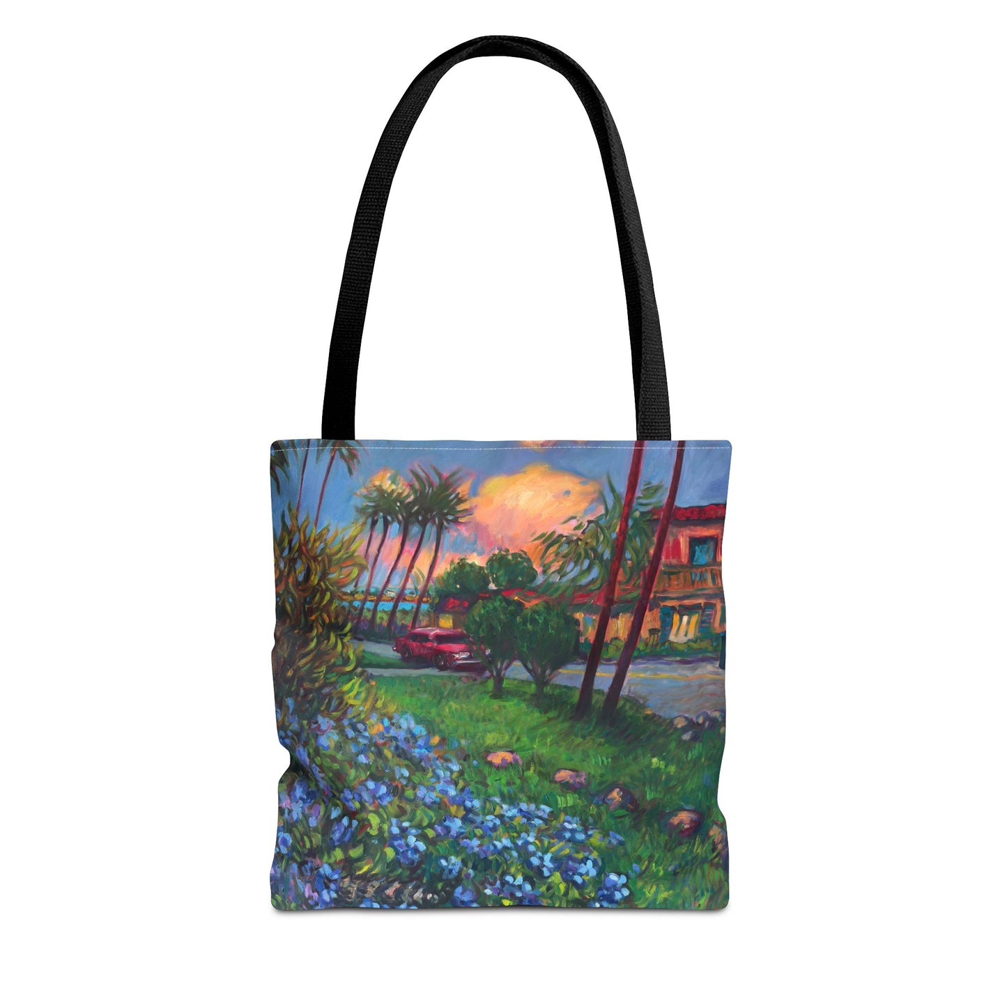 Einkaufstasche mit Sonnenuntergang am Strand – Küstenblumen-Palmen-Allover-Print