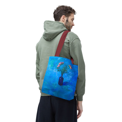 Blauer Shopper mit Blumenmuster – Vase mit rosafarbenen Blumen Allover-Print