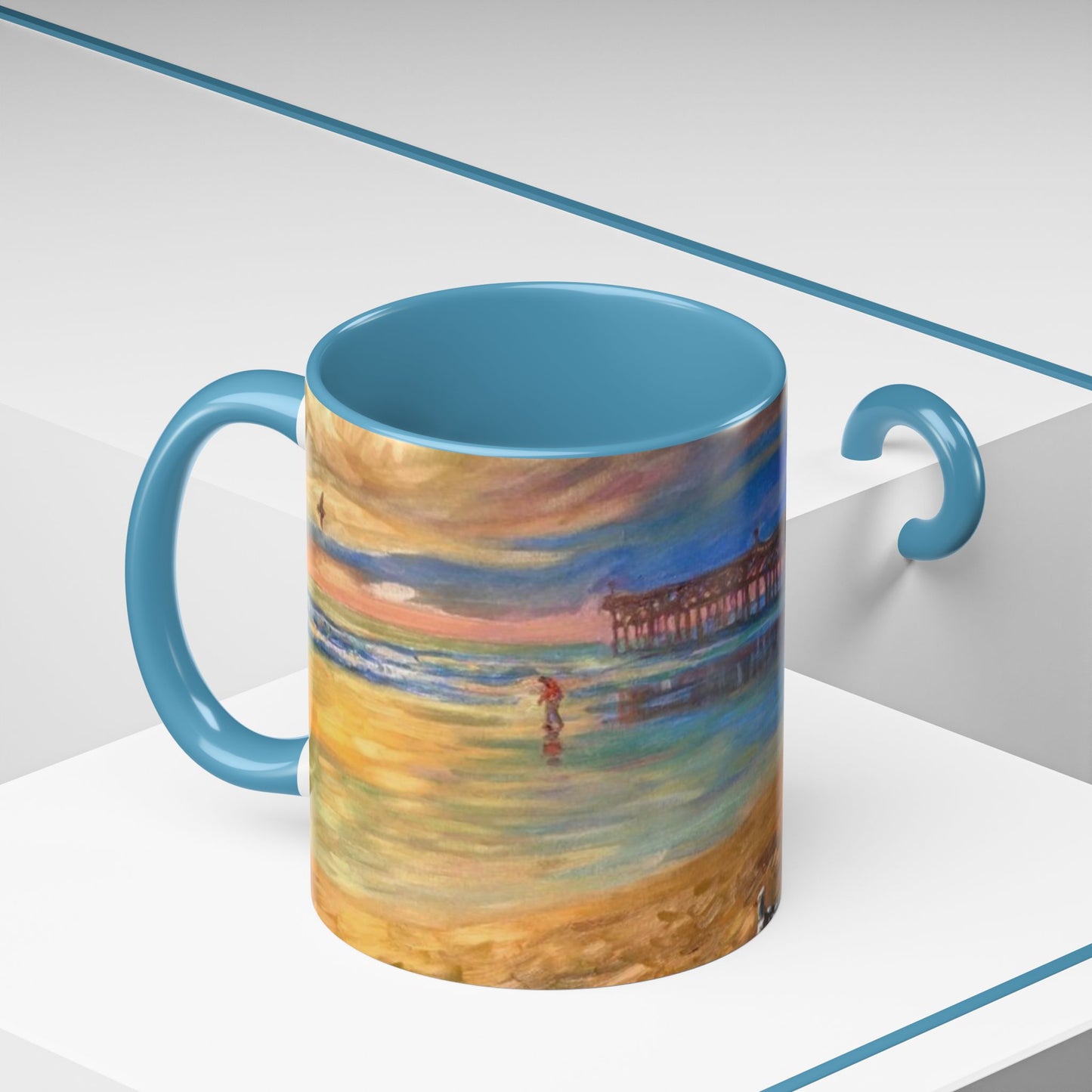 Kaffeetasse „Sonnenuntergang am Küstenpier“ – Künstlerische Tasse mit maritimem Akzent (325 ml)