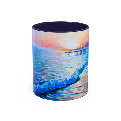 Kaffeetasse „Küsten-Sonnenuntergang“ – Keramiktasse mit Akzent „Seepier“ (325/444 ml)
