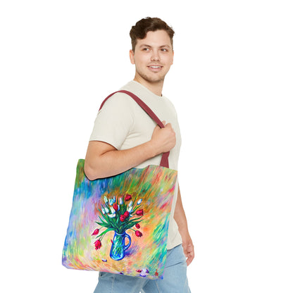 Tragetasche mit Blumenvase – Buntes, impressionistisches Tulpen-Allover-Muster