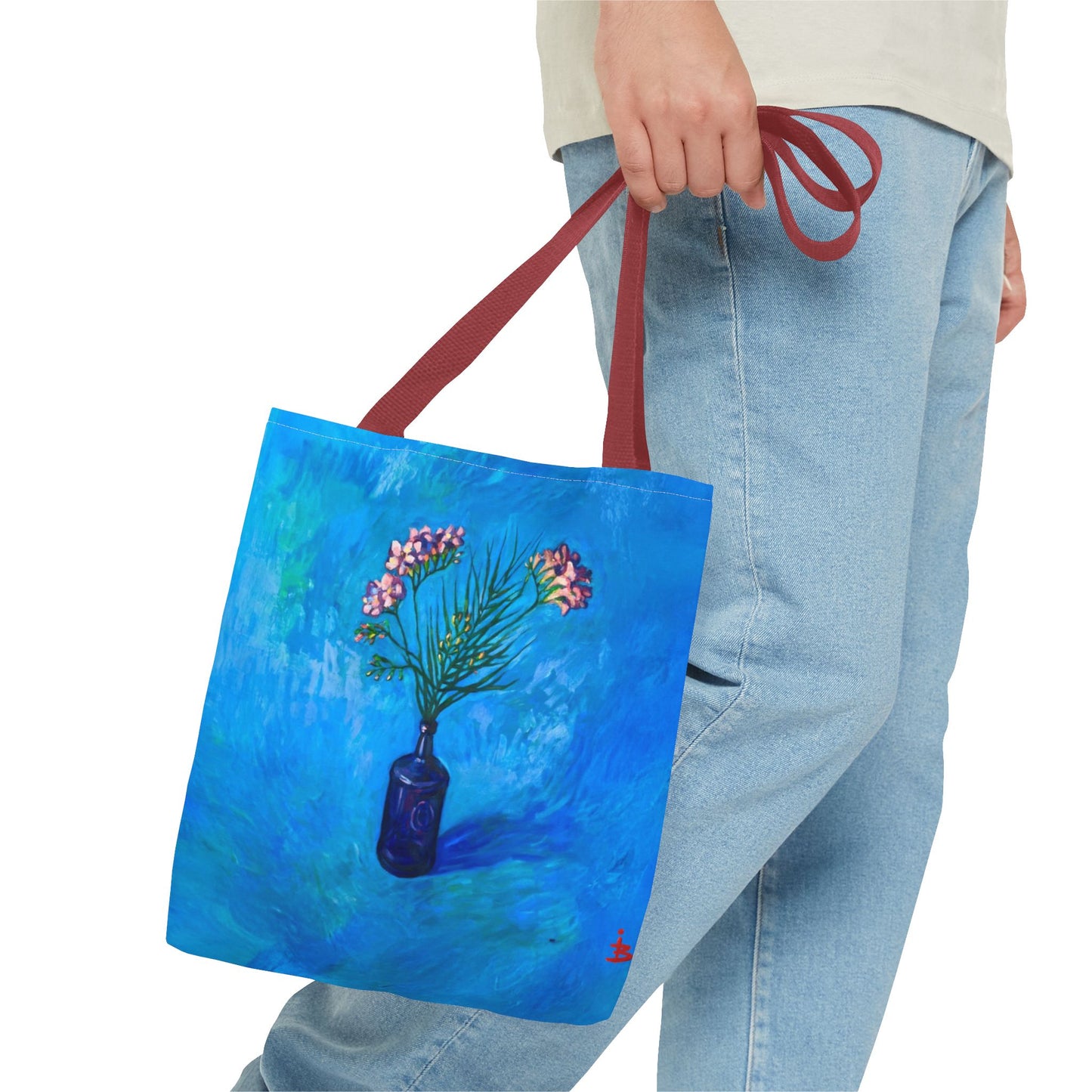 Blauer Shopper mit Blumenmuster – Vase mit rosafarbenen Blumen Allover-Print