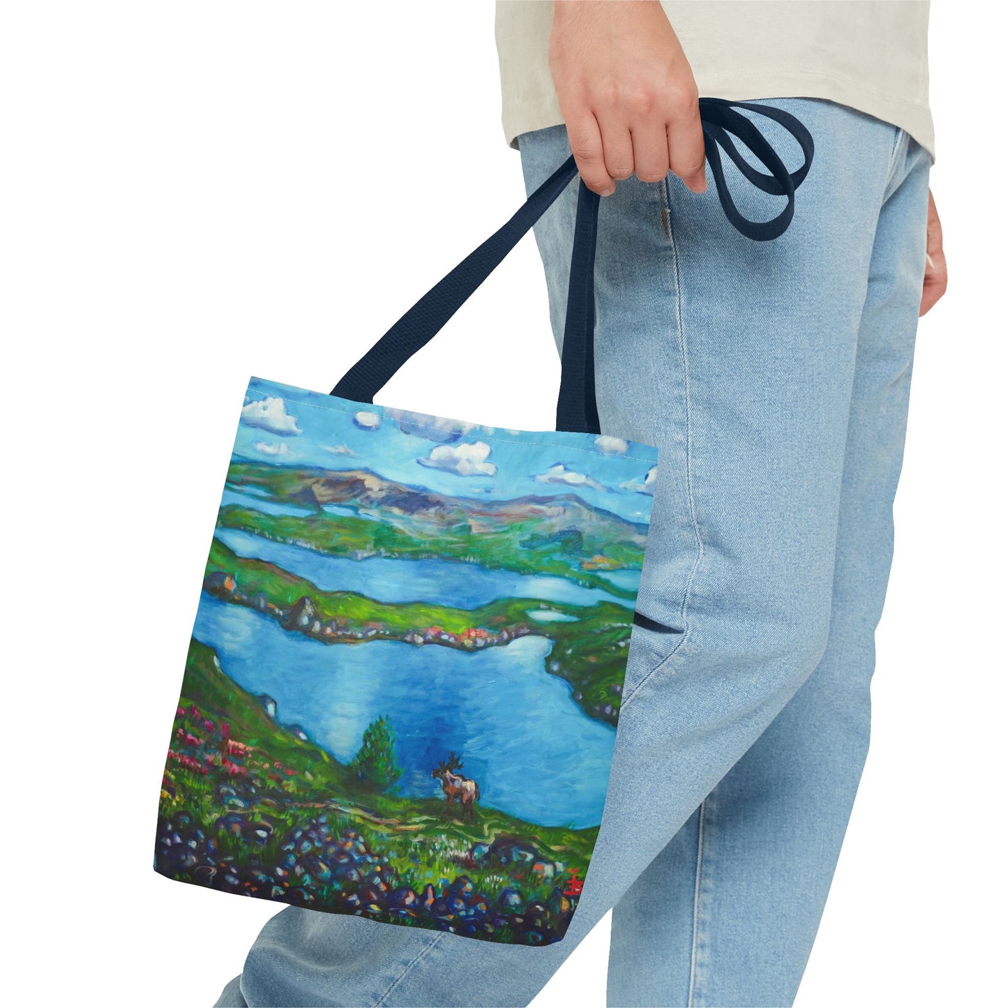 Stofftasche mit malerischer Seenlandschaft – Handbemalte Strandtasche mit Küstenkunst
