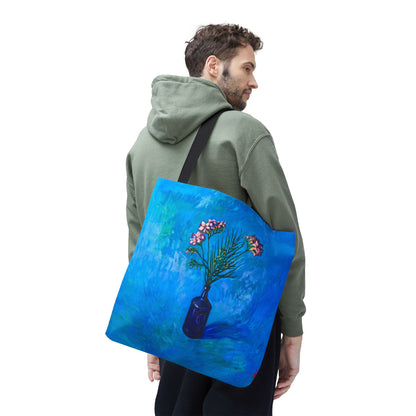 Blauer Shopper mit Blumenmuster – Vase mit rosafarbenen Blumen Allover-Print