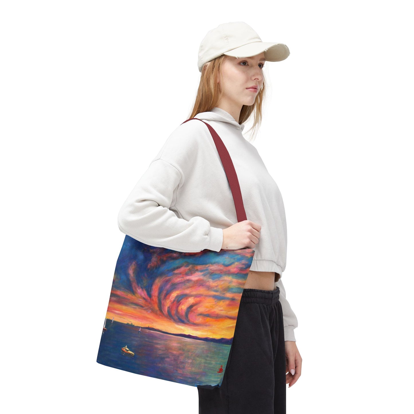 Sunset Swirl Tragetasche – Bunte Tragetasche mit Küstenmotiv und Allover-Print