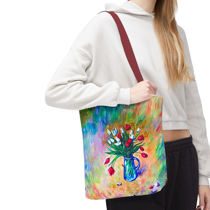 Tragetasche mit Blumenvase – Buntes, impressionistisches Tulpen-Allover-Muster
