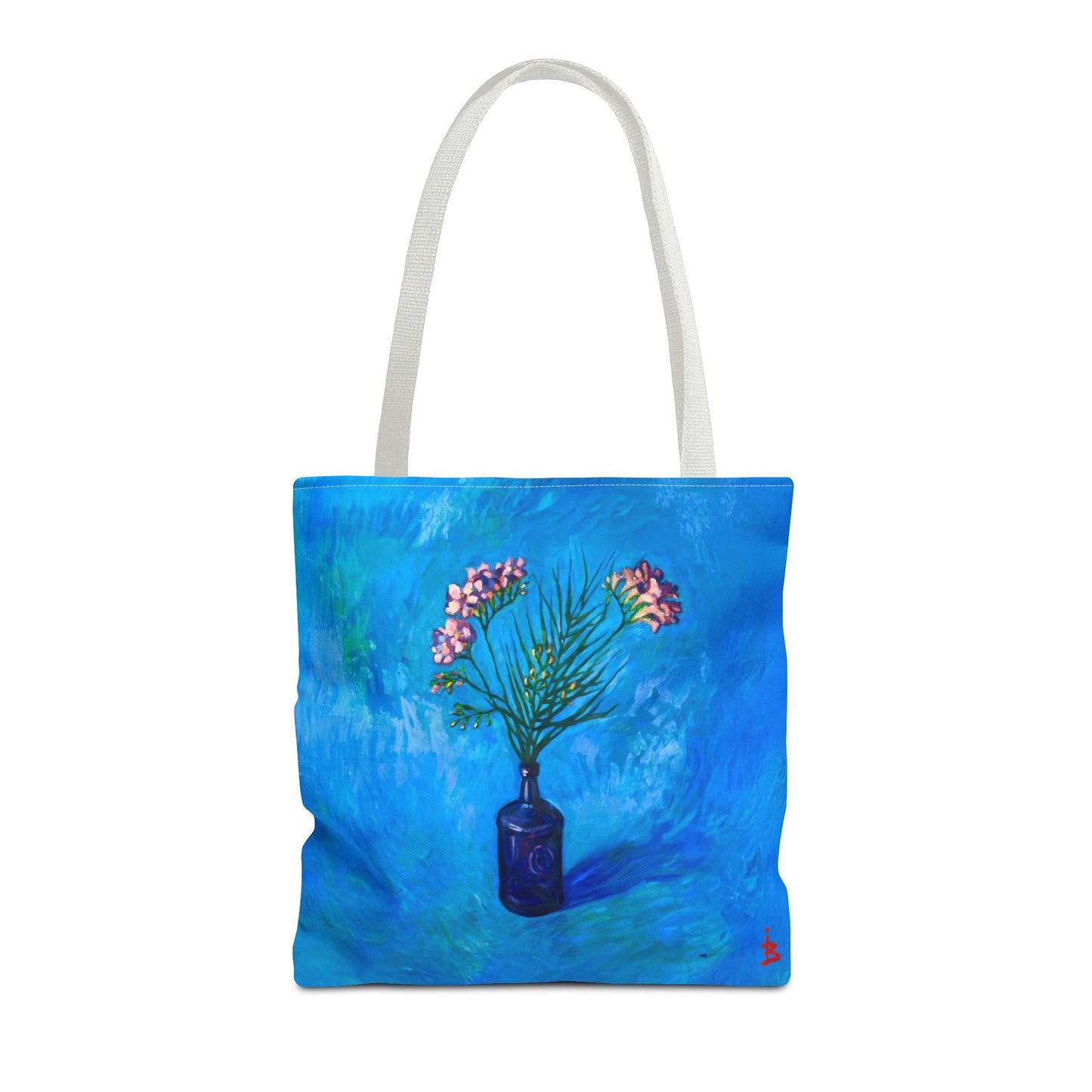 Blauer Shopper mit Blumenmuster – Vase mit rosafarbenen Blumen Allover-Print