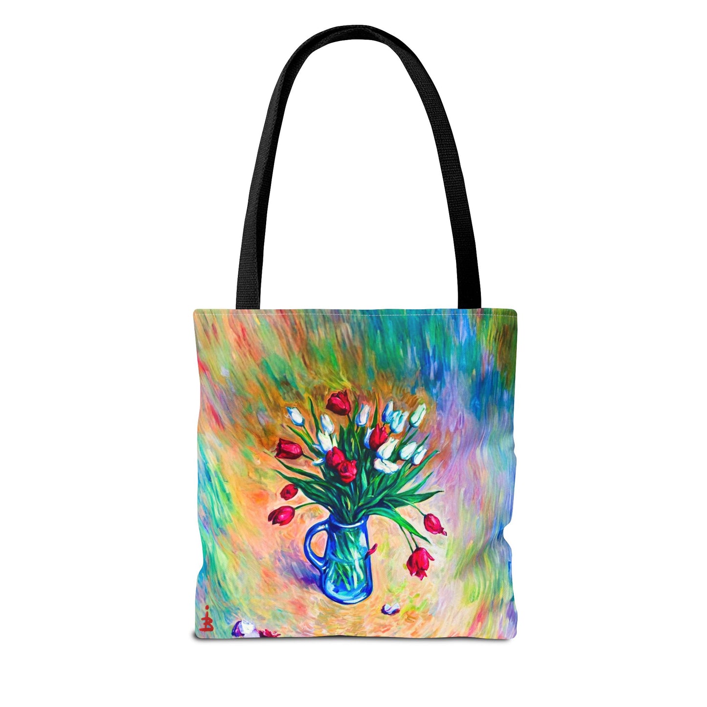 Tragetasche mit Blumenvase – Buntes, impressionistisches Tulpen-Allover-Muster