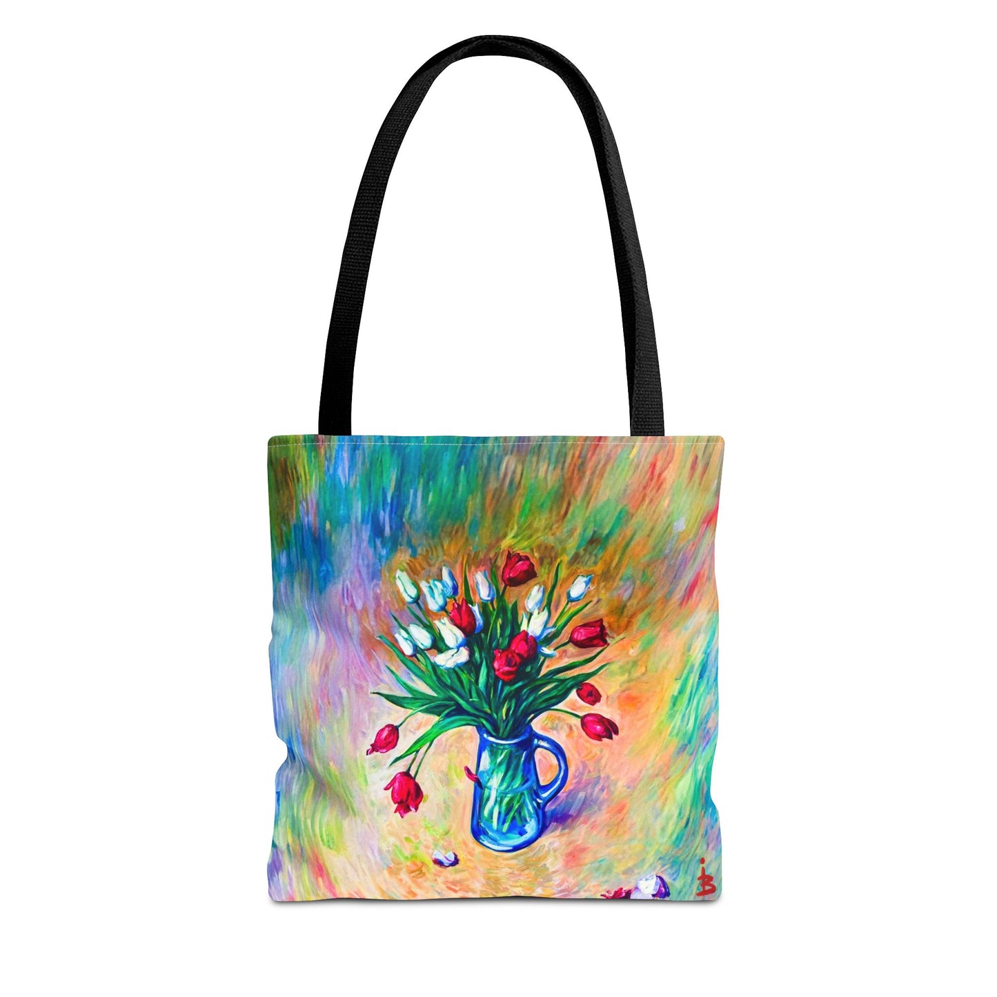 Tragetasche mit Blumenvase – Buntes, impressionistisches Tulpen-Allover-Muster
