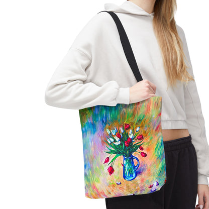 Tragetasche mit Blumenvase – Buntes, impressionistisches Tulpen-Allover-Muster