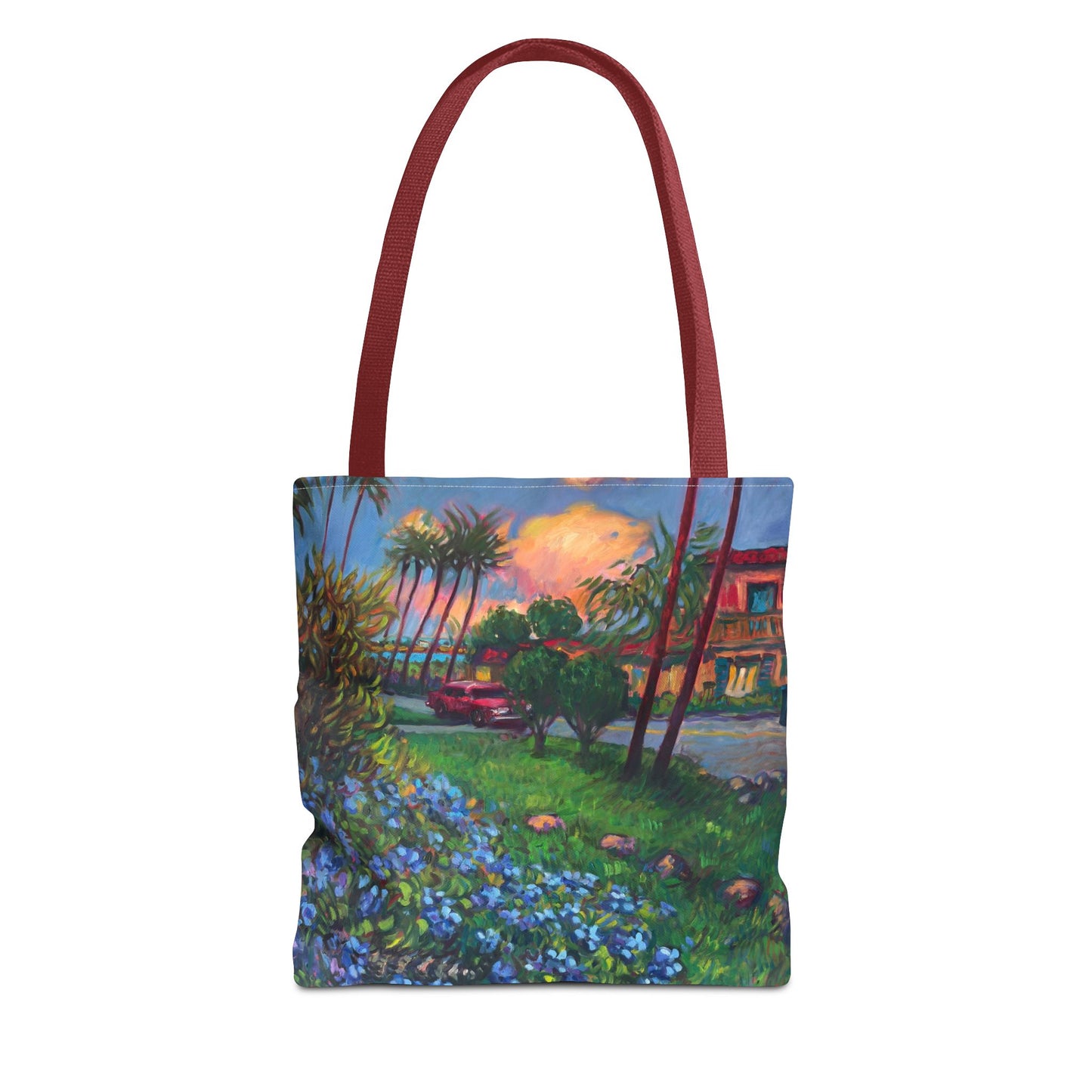 Einkaufstasche mit Sonnenuntergang am Strand – Küstenblumen-Palmen-Allover-Print