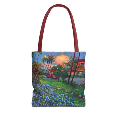 Einkaufstasche mit Sonnenuntergang am Strand – Küstenblumen-Palmen-Allover-Print
