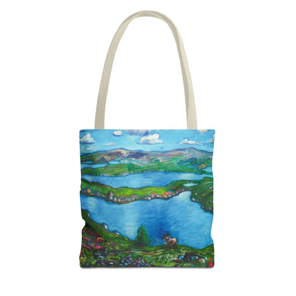 Stofftasche mit malerischer Seenlandschaft – Handbemalte Strandtasche mit Küstenkunst