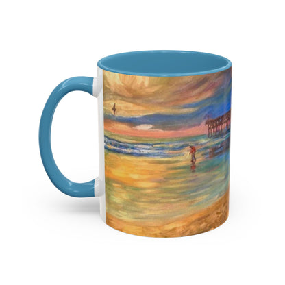 Kaffeebecher mit Akzent: Küstenpier bei Sonnenuntergang – Strandlandschaft 11/15oz