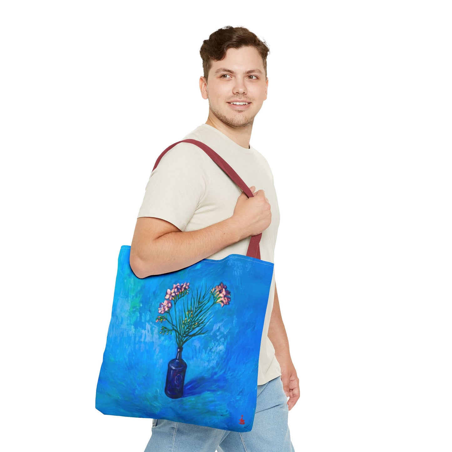 Blauer Shopper mit Blumenmuster – Vase mit rosafarbenen Blumen Allover-Print