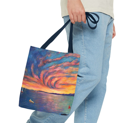 Sunset Swirl Tragetasche – Bunte Tragetasche mit Küstenmotiv und Allover-Print