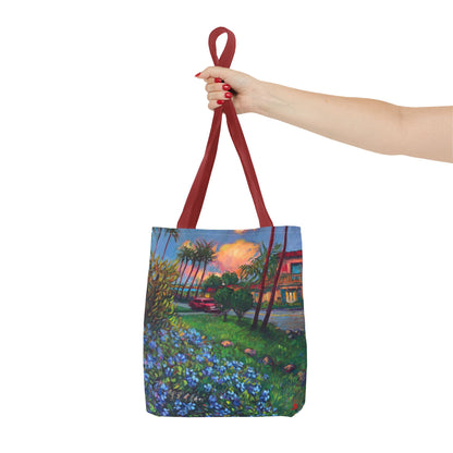 Einkaufstasche mit Sonnenuntergang am Strand – Küstenblumen-Palmen-Allover-Print