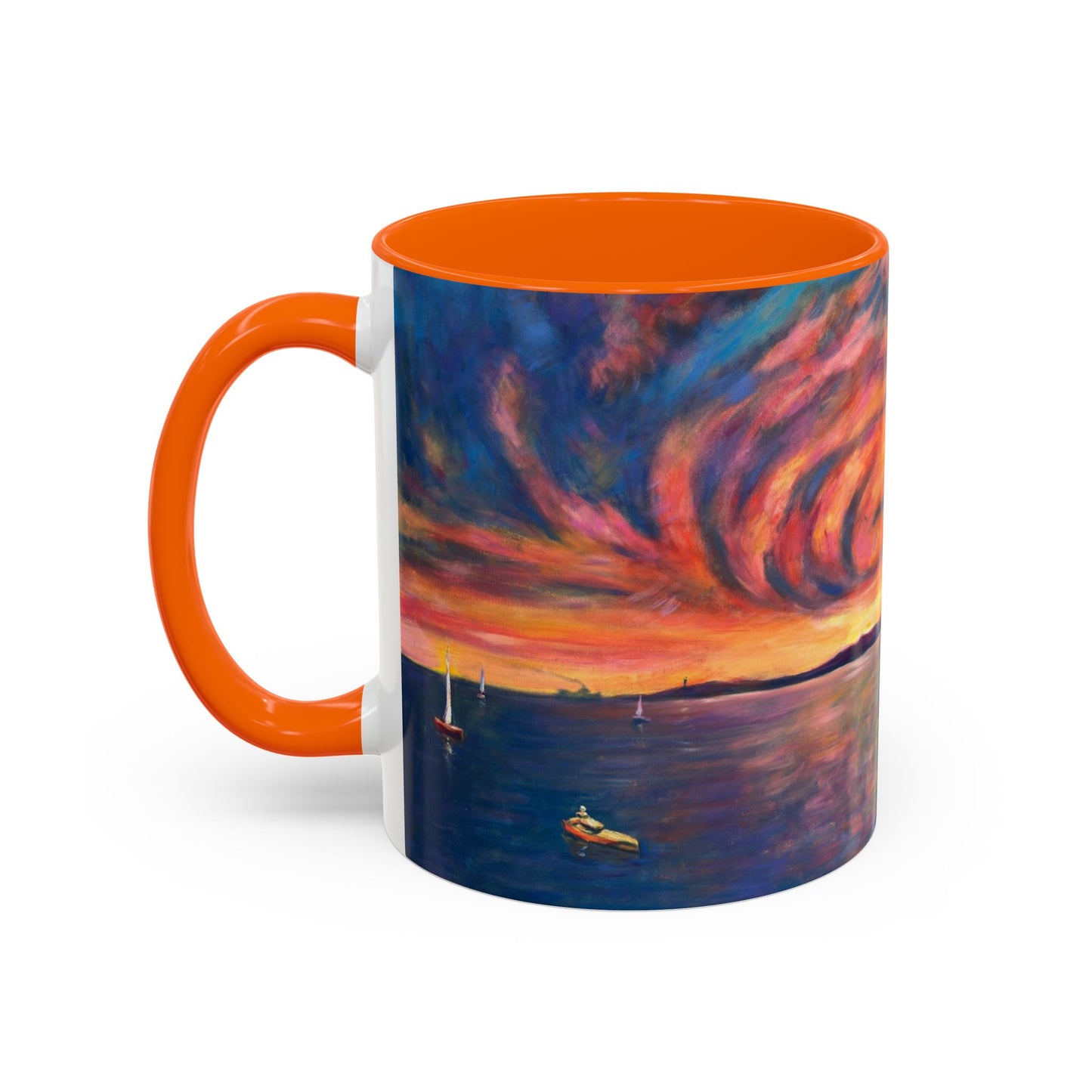 Kaffeetasse mit Akzent „Sonnenuntergang am Meer“ – Farbenfrohes Kunstwerk zum Sonnenuntergang am Meer (11/15 oz)