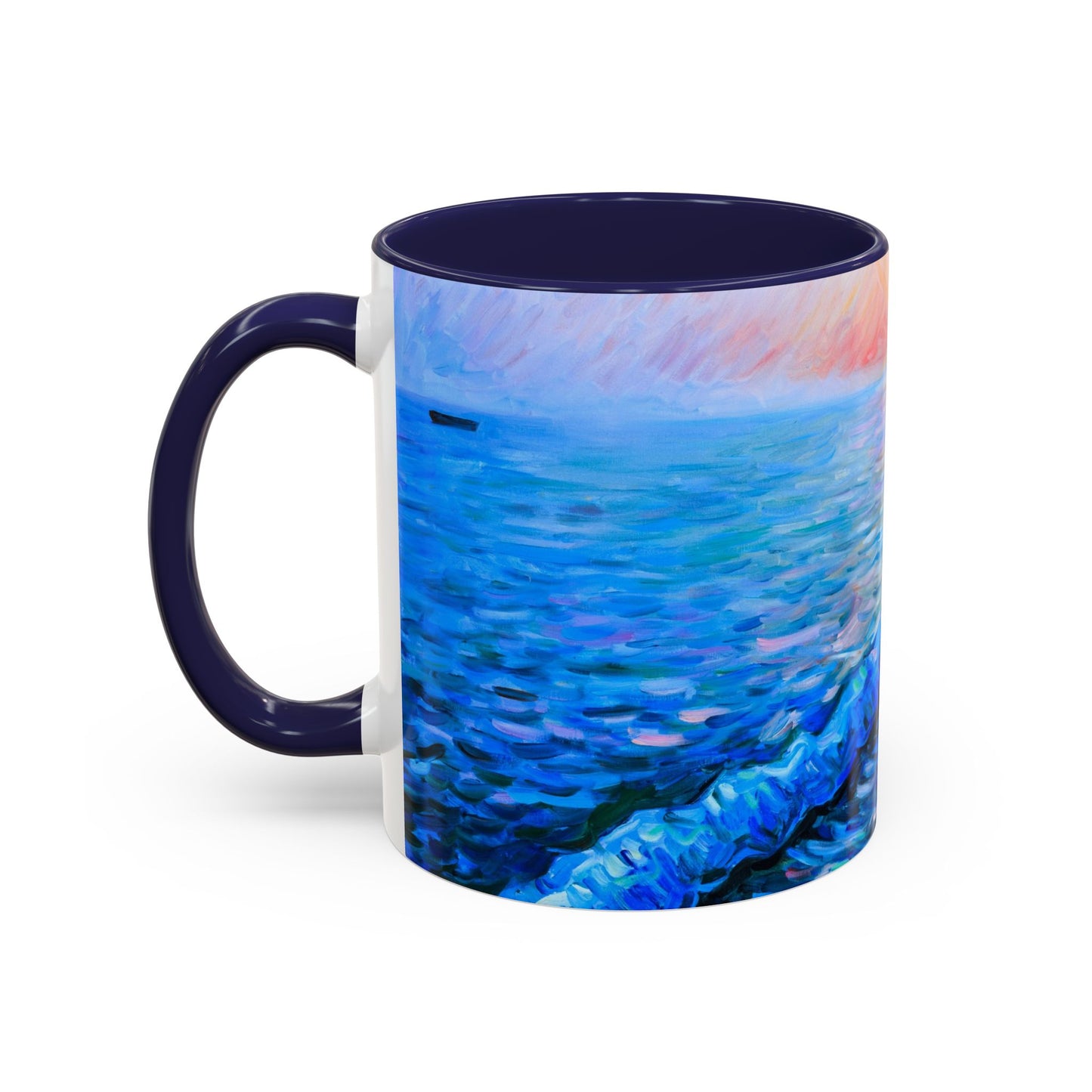 Kaffeetasse „Sonnenaufgang an der Küste“ – Tasse mit Meerespier-Motiv (325 ml)