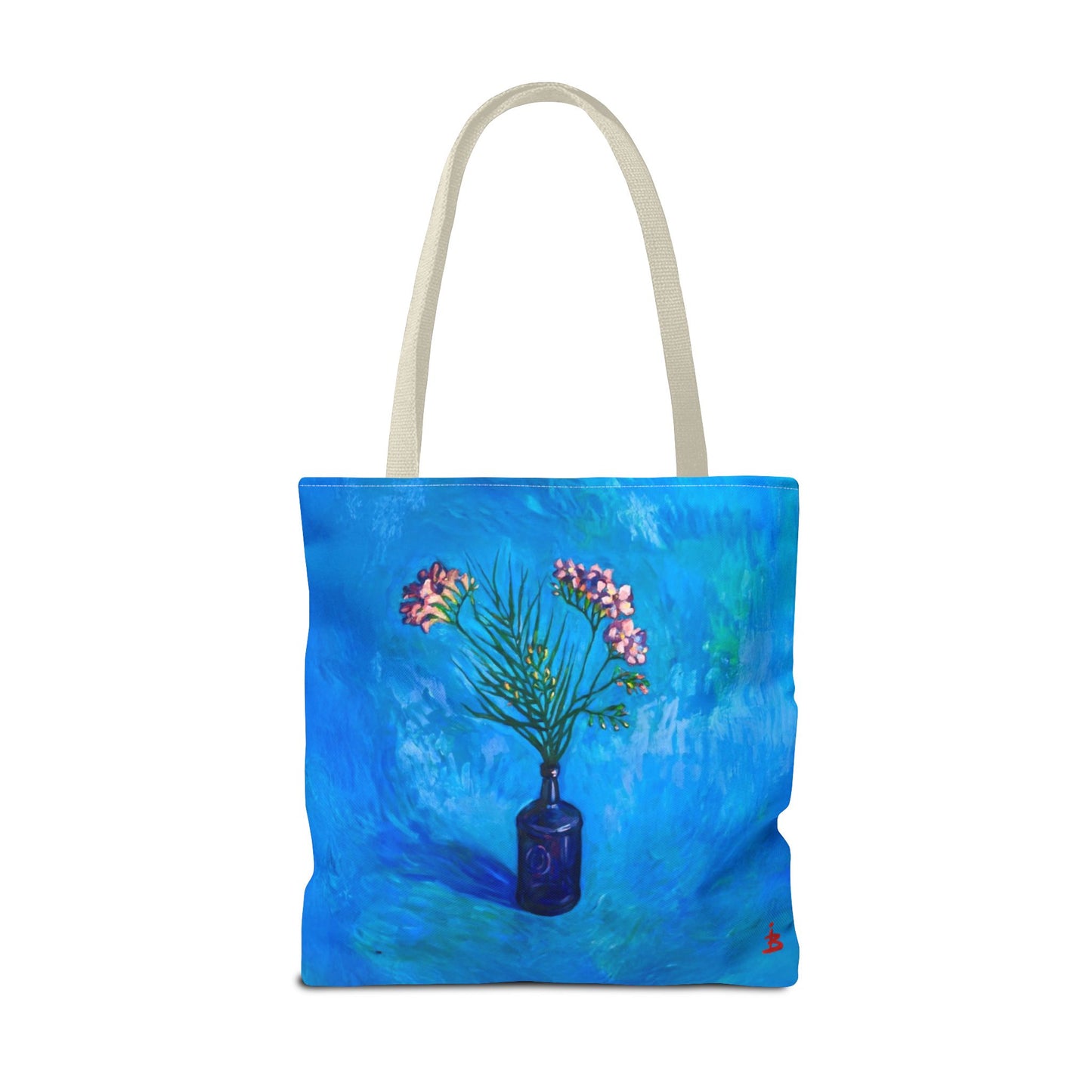 Blauer Shopper mit Blumenmuster – Vase mit rosafarbenen Blumen Allover-Print