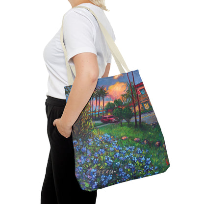 Einkaufstasche mit Sonnenuntergang am Strand – Küstenblumen-Palmen-Allover-Print
