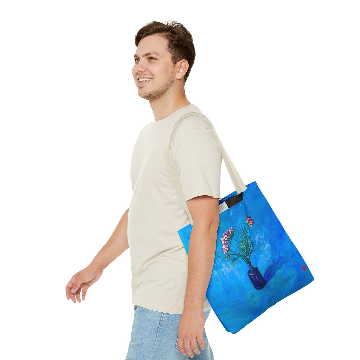 Blauer Shopper mit Blumenmuster – Vase mit rosafarbenen Blumen Allover-Print