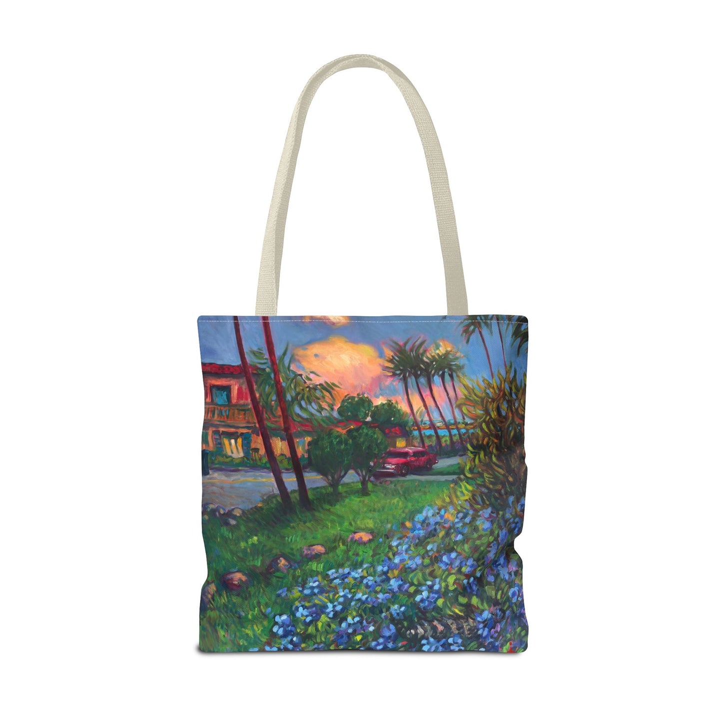 Einkaufstasche mit Sonnenuntergang am Strand – Küstenblumen-Palmen-Allover-Print