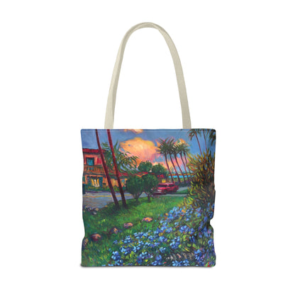 Einkaufstasche mit Sonnenuntergang am Strand – Küstenblumen-Palmen-Allover-Print
