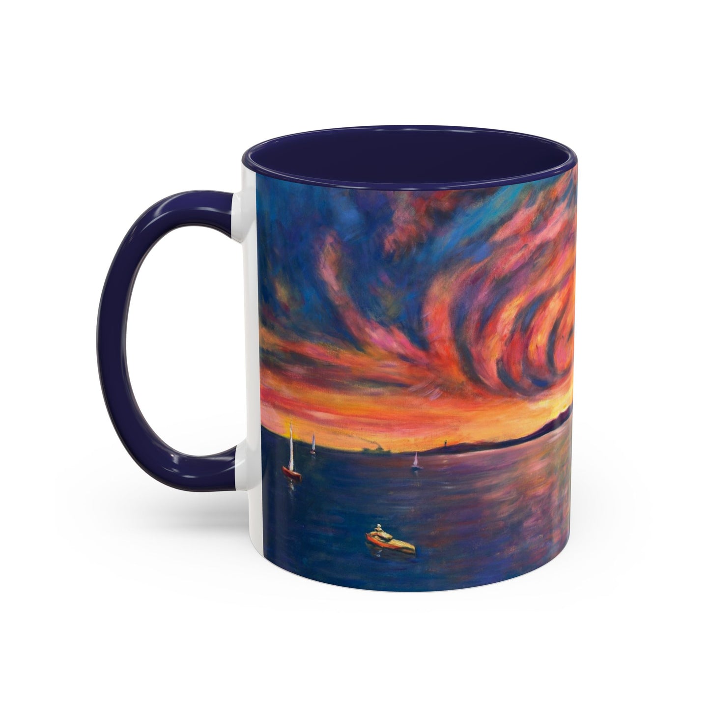 Kaffeetasse mit Akzent „Sonnenuntergang am Meer“ – Farbenfrohes Kunstwerk zum Sonnenuntergang am Meer (11/15 oz)