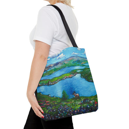 Stofftasche mit malerischer Seenlandschaft – Handbemalte Strandtasche mit Küstenkunst
