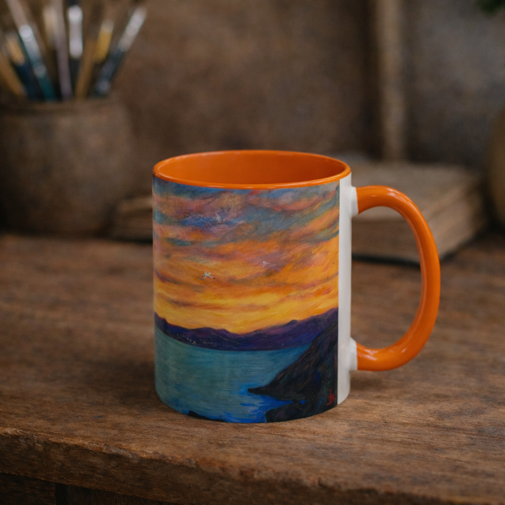 Kaffeetasse mit Akzent „Sonnenuntergang am Meer“ – Farbenfrohes Kunstwerk zum Sonnenuntergang am Meer (11/15 oz)