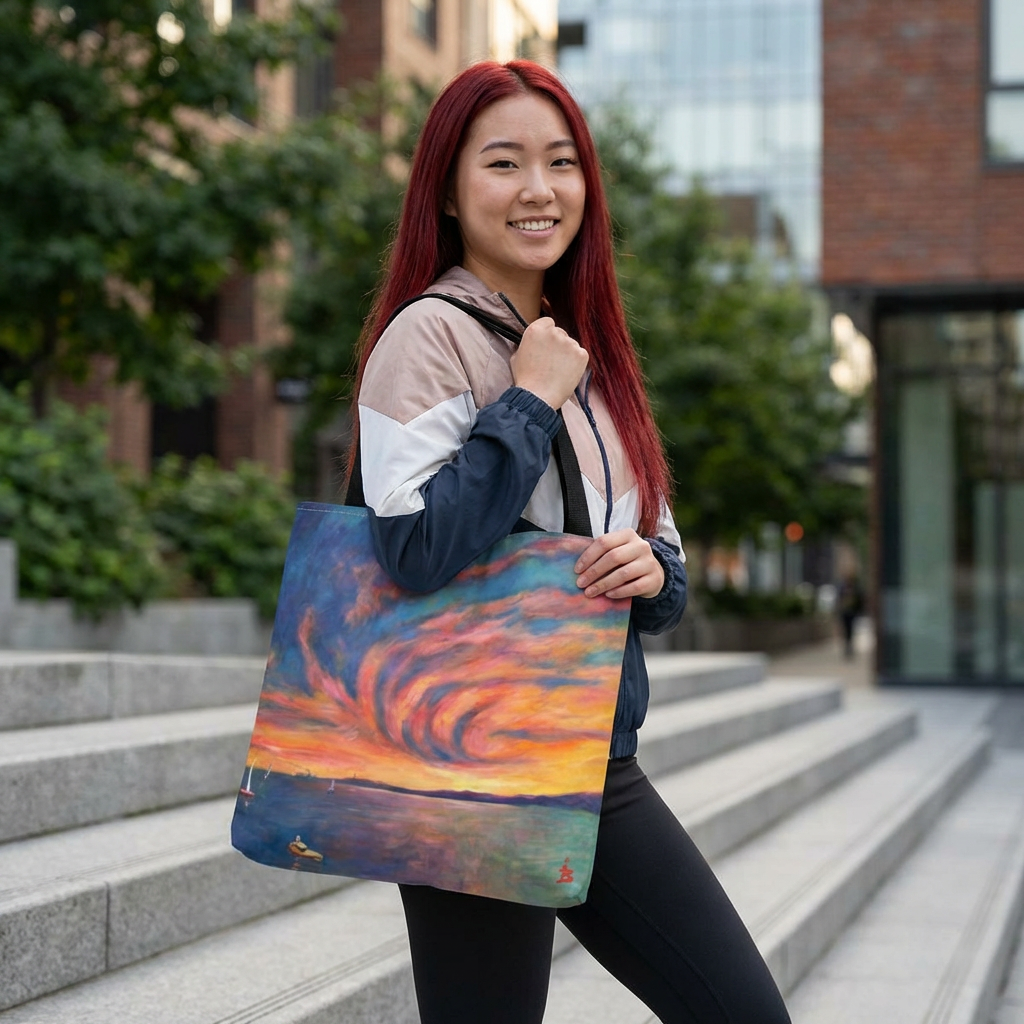 Sunset Swirl Tragetasche – Bunte Tragetasche mit Küstenmotiv und Allover-Print