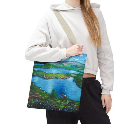 Stofftasche mit malerischer Seenlandschaft – Handbemalte Strandtasche mit Küstenkunst