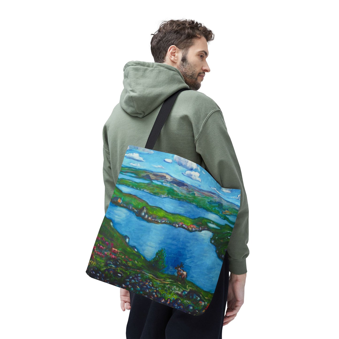 Stofftasche mit malerischer Seenlandschaft – Handbemalte Strandtasche mit Küstenkunst