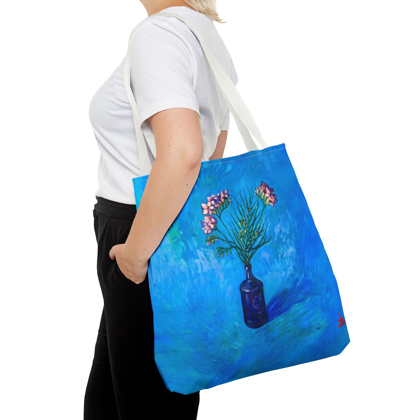Blauer Shopper mit Blumenmuster – Vase mit rosafarbenen Blumen Allover-Print