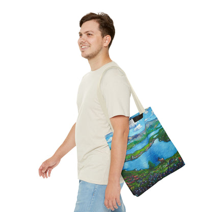 Stofftasche mit malerischer Seenlandschaft – Handbemalte Strandtasche mit Küstenkunst