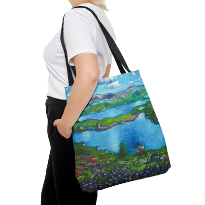 Stofftasche mit malerischer Seenlandschaft – Handbemalte Strandtasche mit Küstenkunst