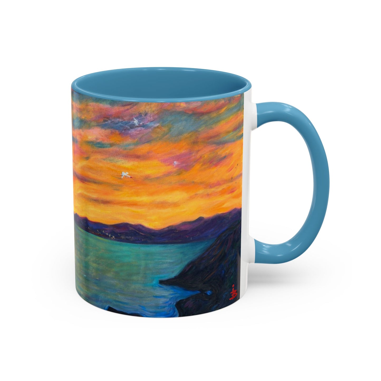 Kaffeetasse mit Akzent „Sonnenuntergang am Meer“ – Farbenfrohes Kunstwerk zum Sonnenuntergang am Meer (11/15 oz)