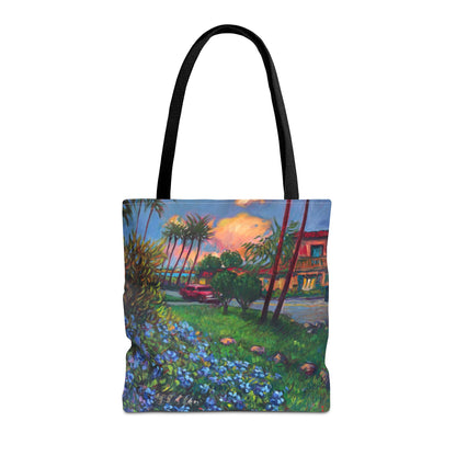 Einkaufstasche mit Sonnenuntergang am Strand – Küstenblumen-Palmen-Allover-Print