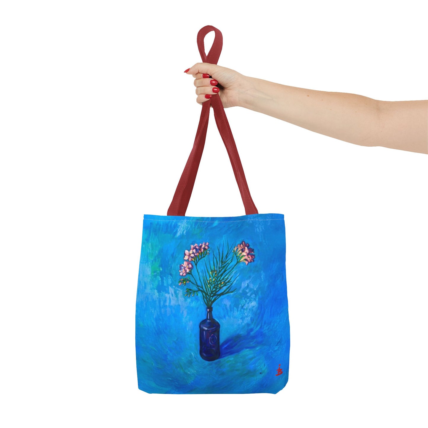Blauer Shopper mit Blumenmuster – Vase mit rosafarbenen Blumen Allover-Print