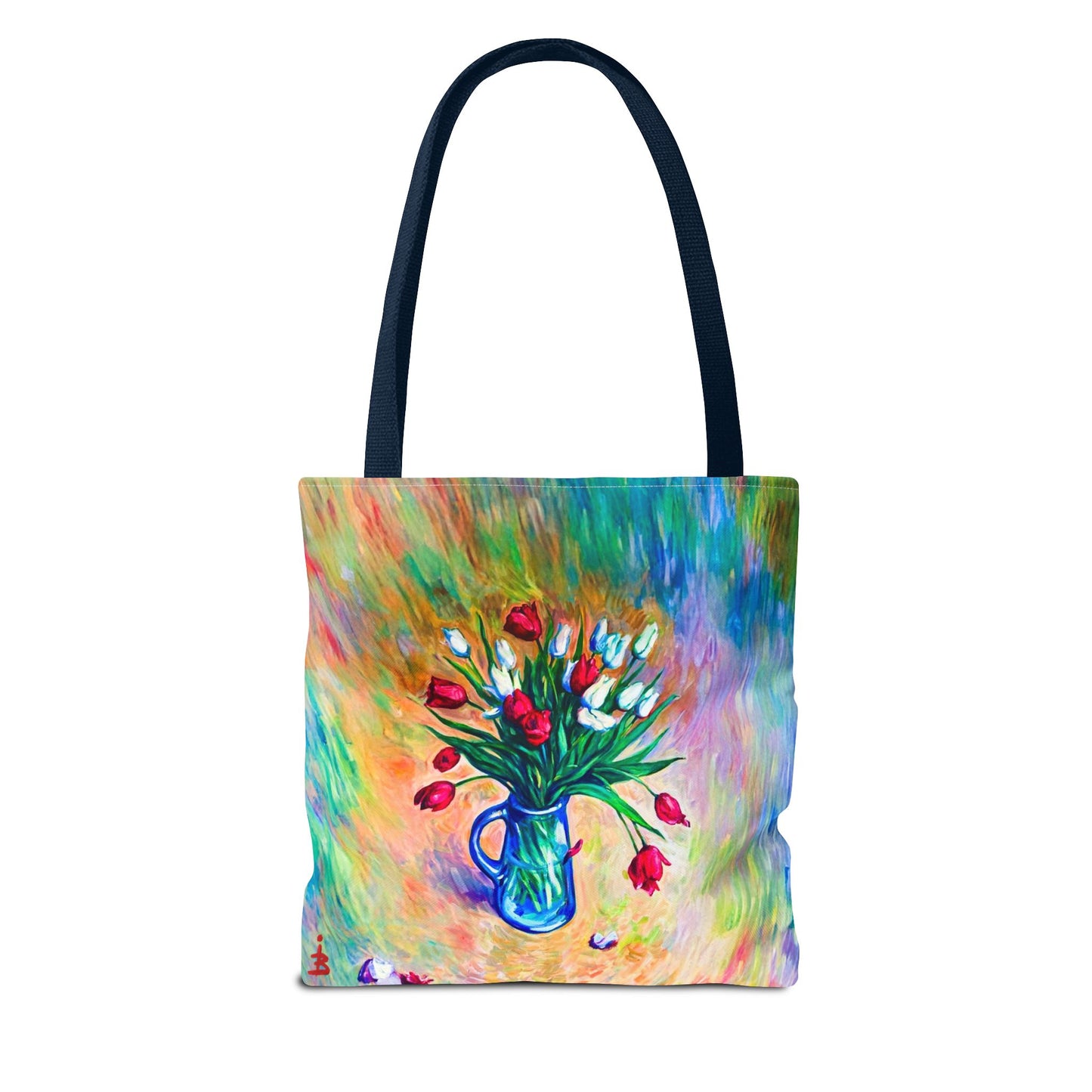 Tragetasche mit Blumenvase – Buntes, impressionistisches Tulpen-Allover-Muster