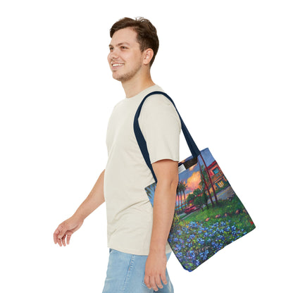 Einkaufstasche mit Sonnenuntergang am Strand – Küstenblumen-Palmen-Allover-Print