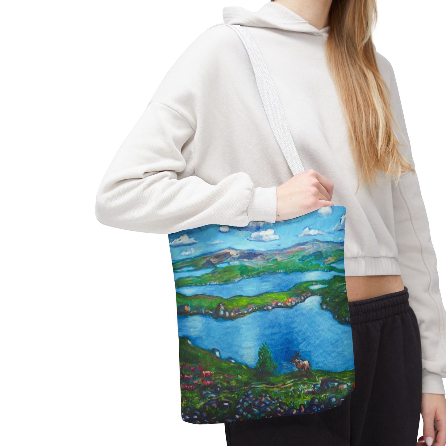 Stofftasche mit malerischer Seenlandschaft – Handbemalte Strandtasche mit Küstenkunst
