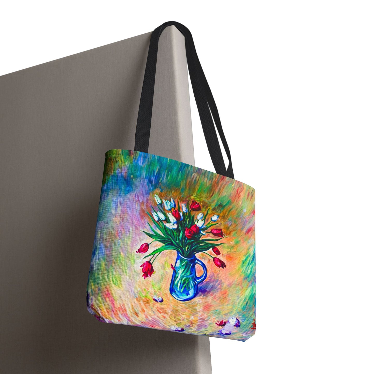 Tragetasche mit Blumenvase – Buntes, impressionistisches Tulpen-Allover-Muster