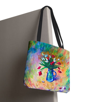 Tragetasche mit Blumenvase – Buntes, impressionistisches Tulpen-Allover-Muster