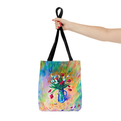 Tragetasche mit Blumenvase – Buntes, impressionistisches Tulpen-Allover-Muster
