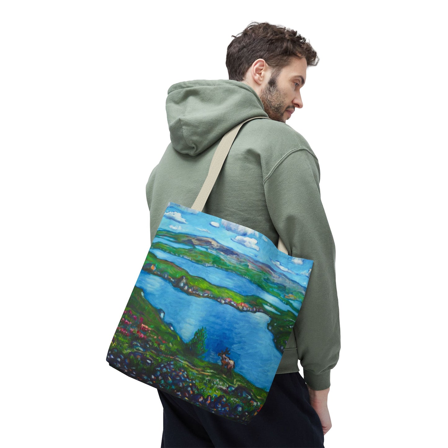 Stofftasche mit malerischer Seenlandschaft – Handbemalte Strandtasche mit Küstenkunst